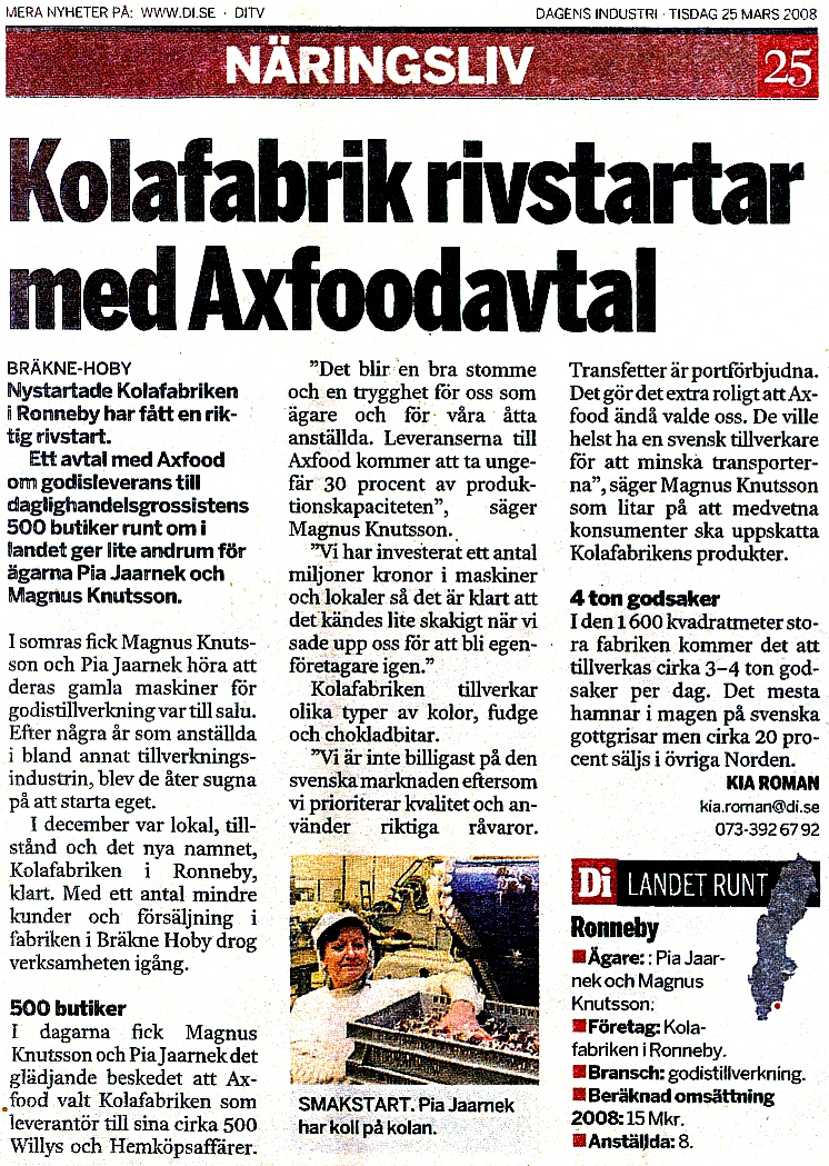 Pressklipp från Dagens Industri, 25 mars 2008
