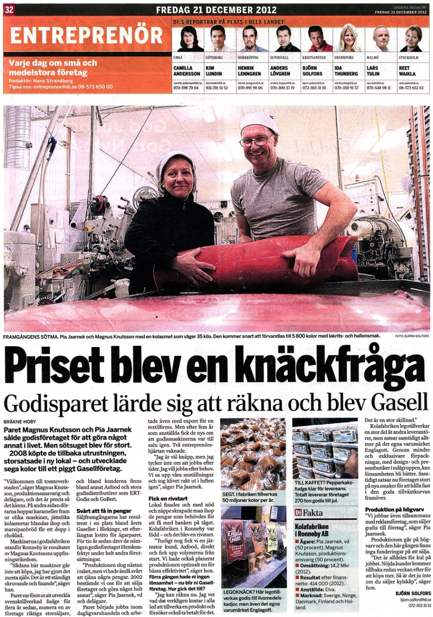 Pressklipp från Dagens Industri, 21 december 2012